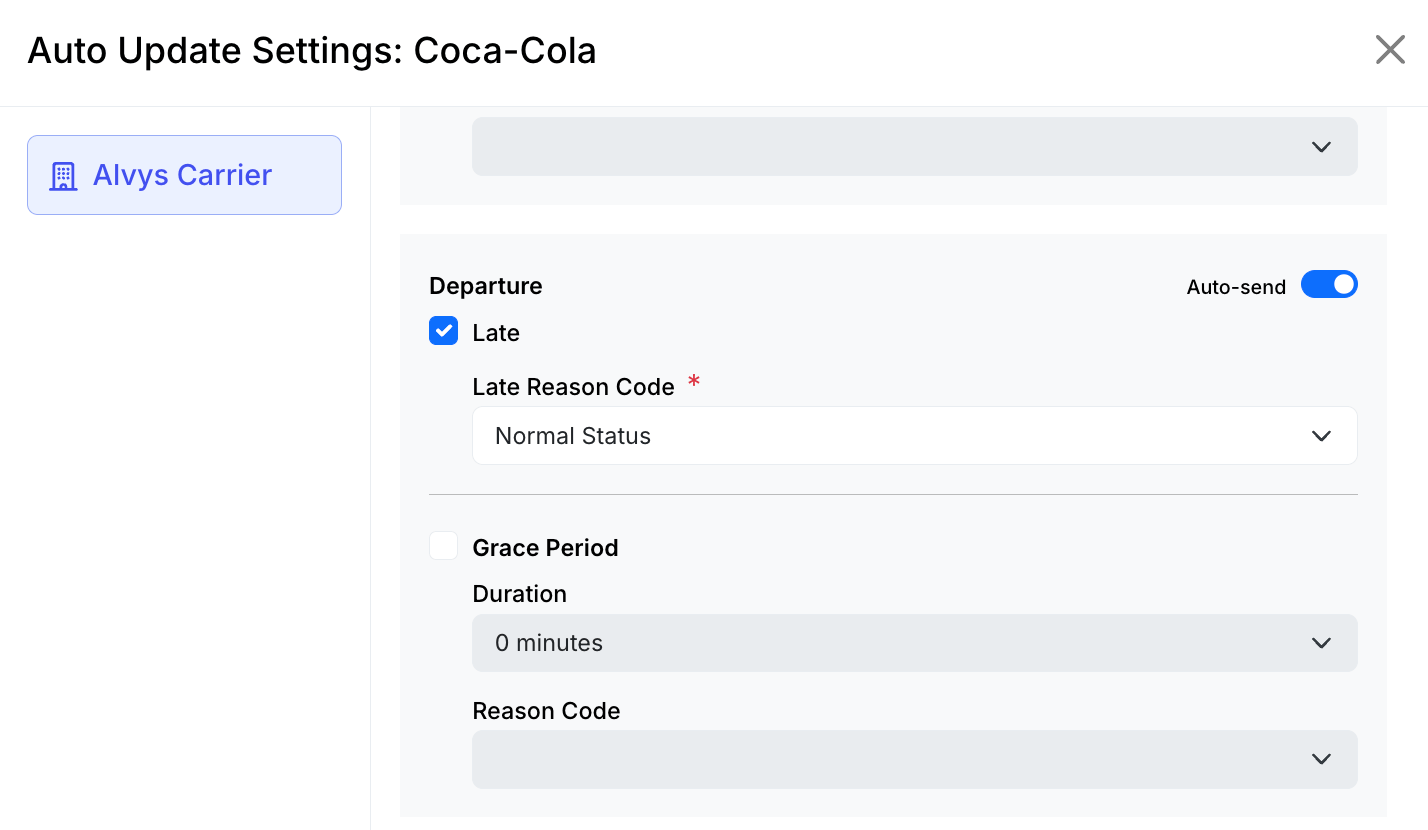 Departures Auto Send toggle and additional options.
