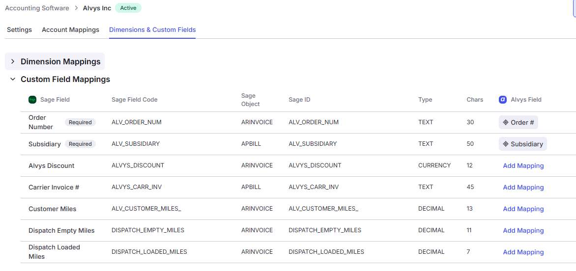 The Custom Field Mappings table with all columns visible including the Alvys Field dropdown.