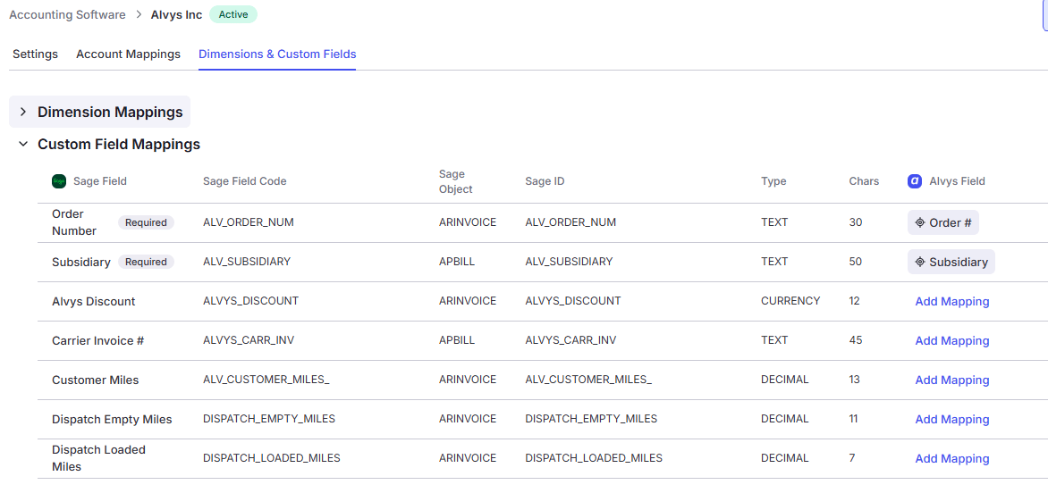 The Custom Field Mappings table with all columns visible including the Alvys Field dropdown.