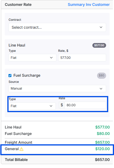Image showing customer rate card in money box with linehaul, fuel surcharge field and accessorials highlighted.
