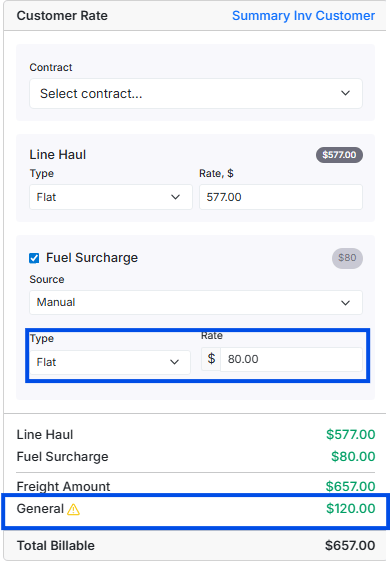 Image showing customer rate card in money box with linehaul, fuel surcharge field and accessorials highlighted.
