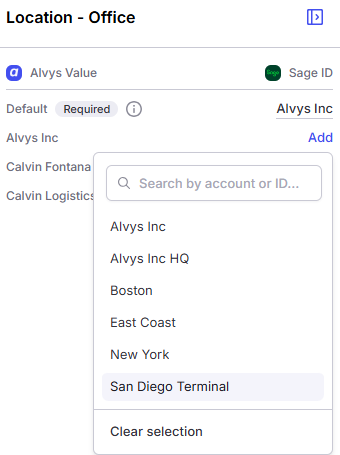 The dropdown selection menu within the Location - Office mapping interface, with San Diego Terminal actively highlighted for selection.
