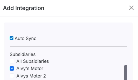 Subsidiary selector in Alvys QuickBooks Desktop integration dialog.