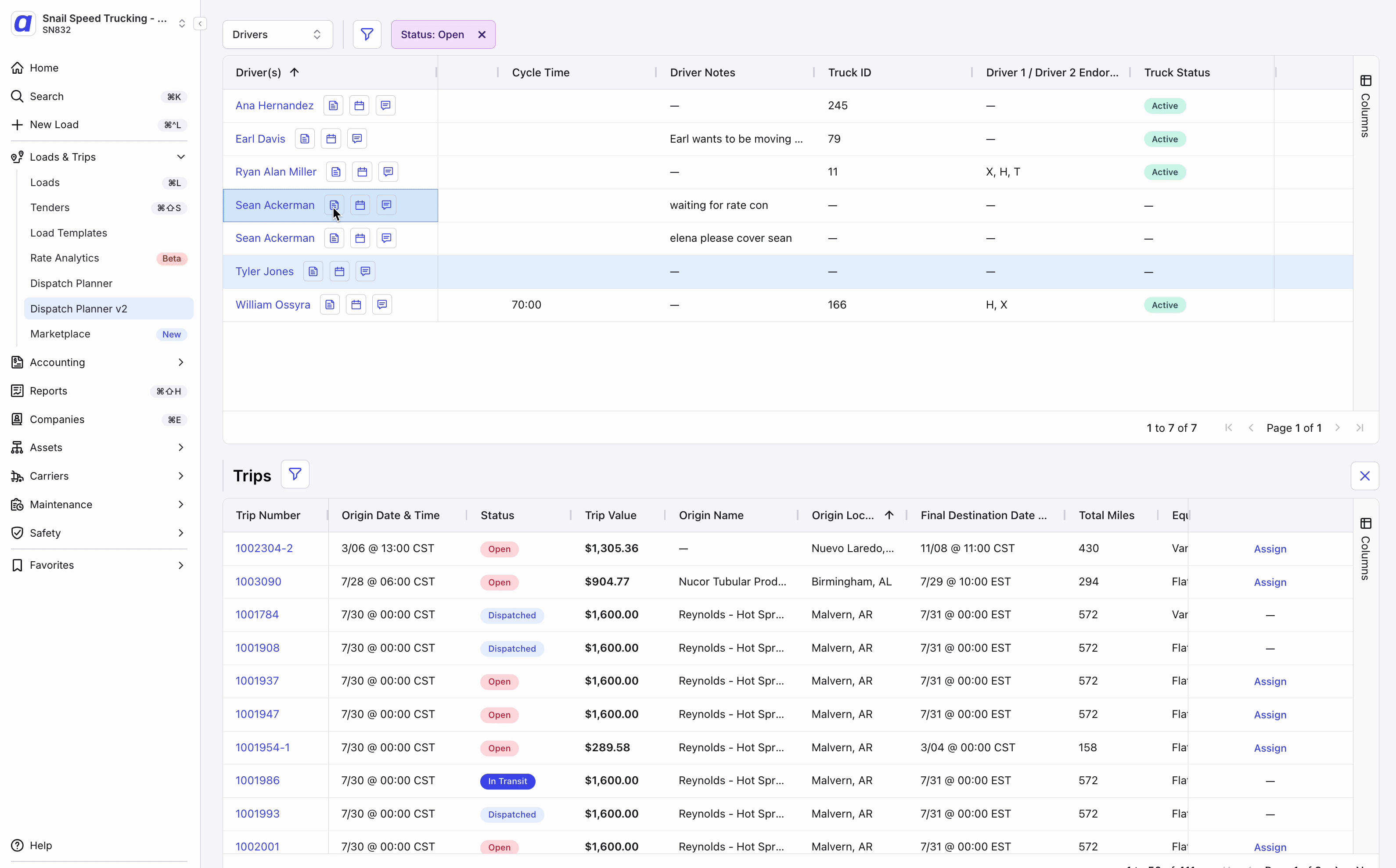 GIF showing the Driver Notes modal: selecting a driver, opening the notes section, adding a note, and saving