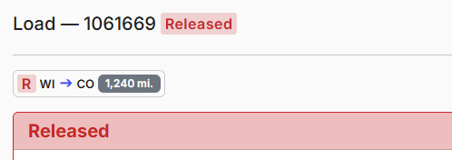 Shows the tracking summary tracking header for Load — 1061669 marked with a red Released status badge.