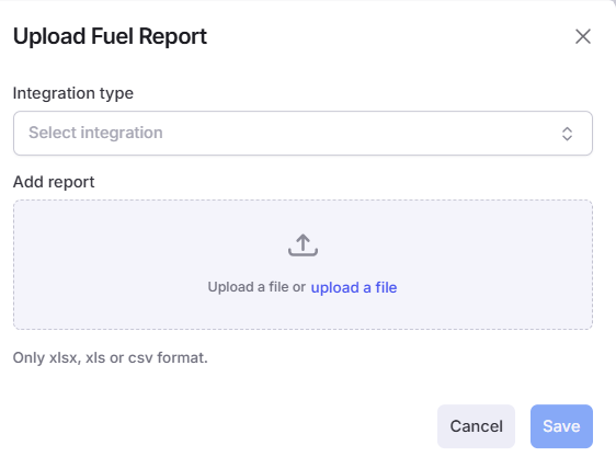 Image showing ”Upload Fuel Report” form with Integration type and Add report input fields.