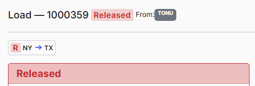 The load showing a Released status after a TONU has been released to billing.