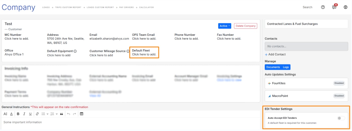 Company Details page showing the Default Fleet field and the Auto-Accept Tender toggle in its unavailable state