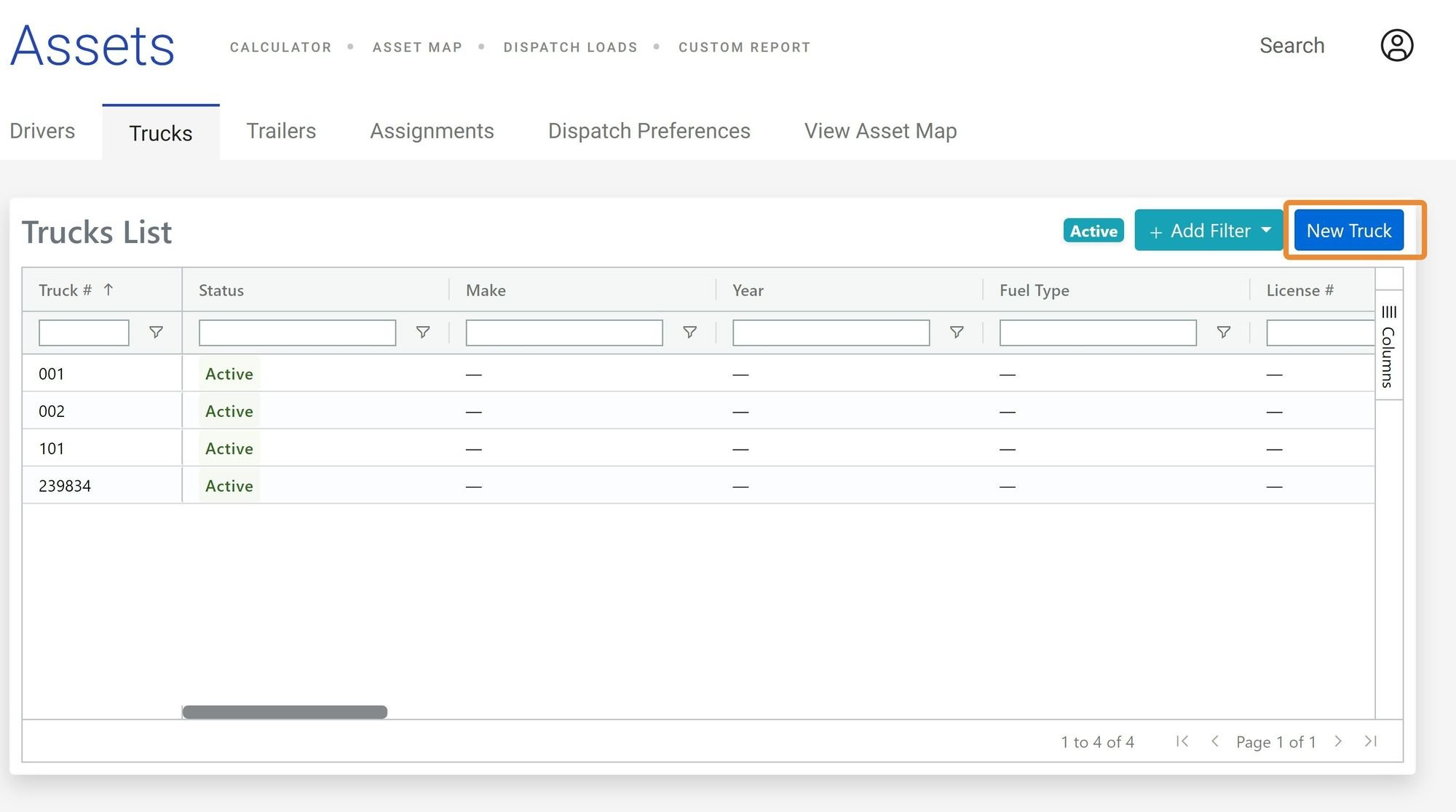 Shows the Trucks list page with the New Truck button highlighted in the top-right corner