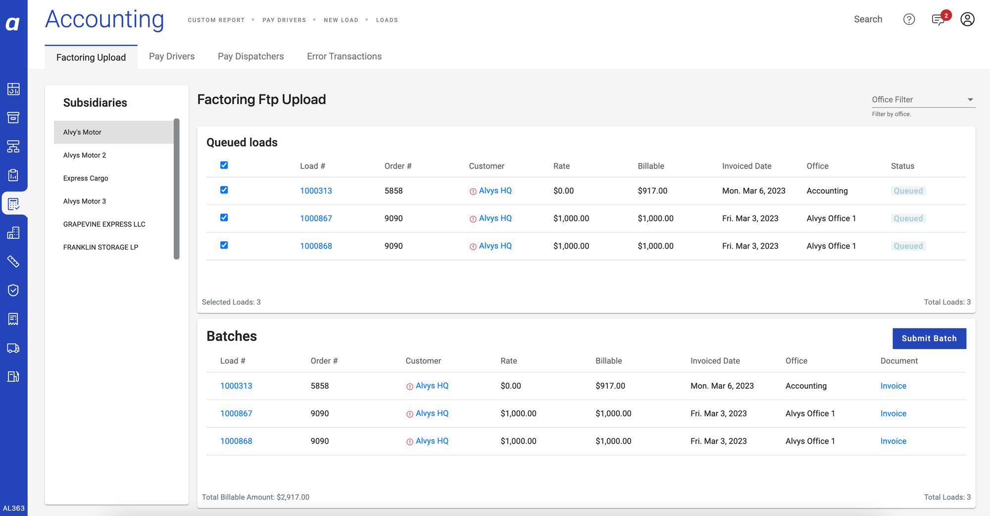 Screenshot showing the Submit Batch button