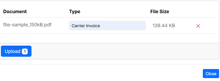 Displays a document staging panel where a PDF file is designated as a Carrier Invoice type and is ready for upload.