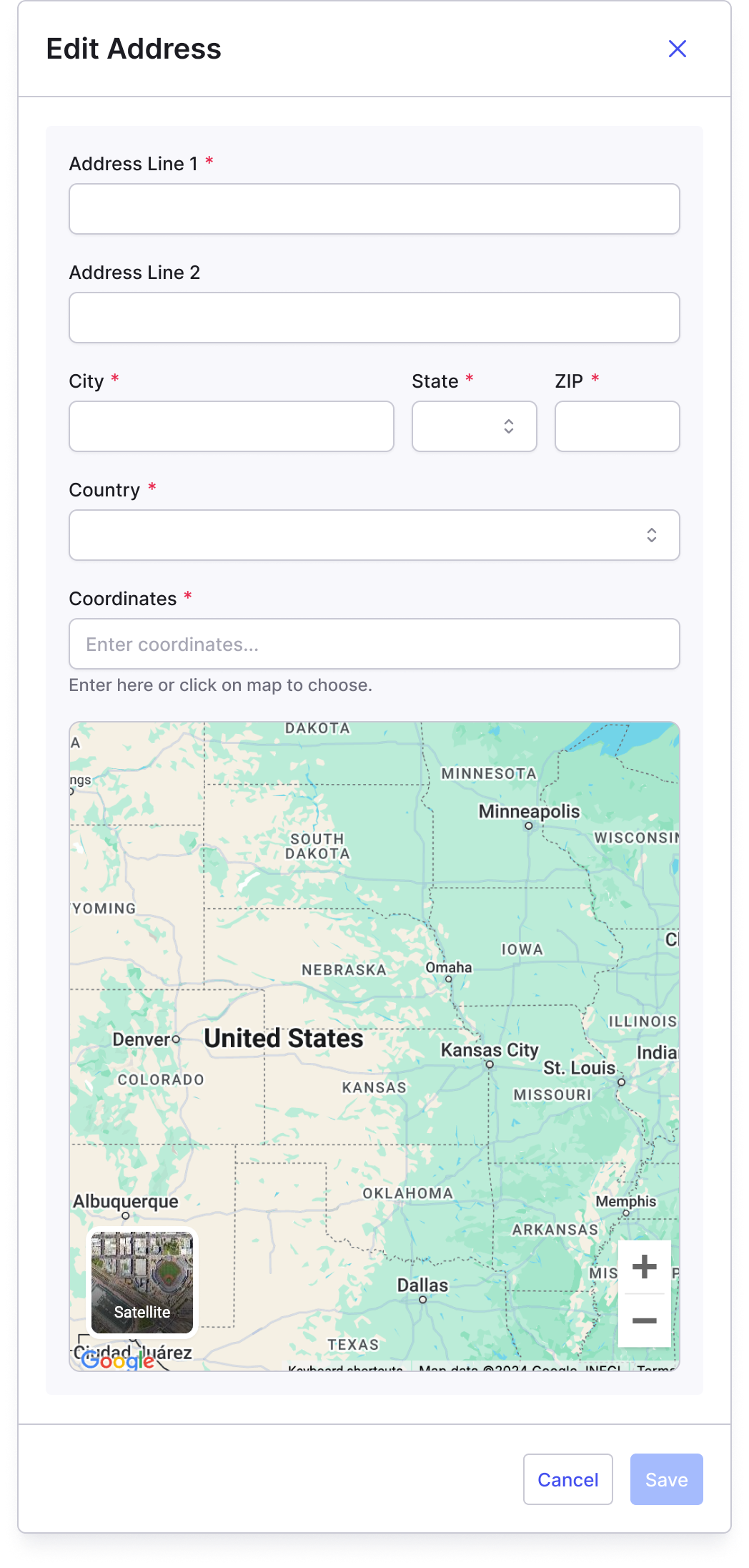 Address input form showing all entry options, including Google autocomplete, Address Line 2, and the map panel.