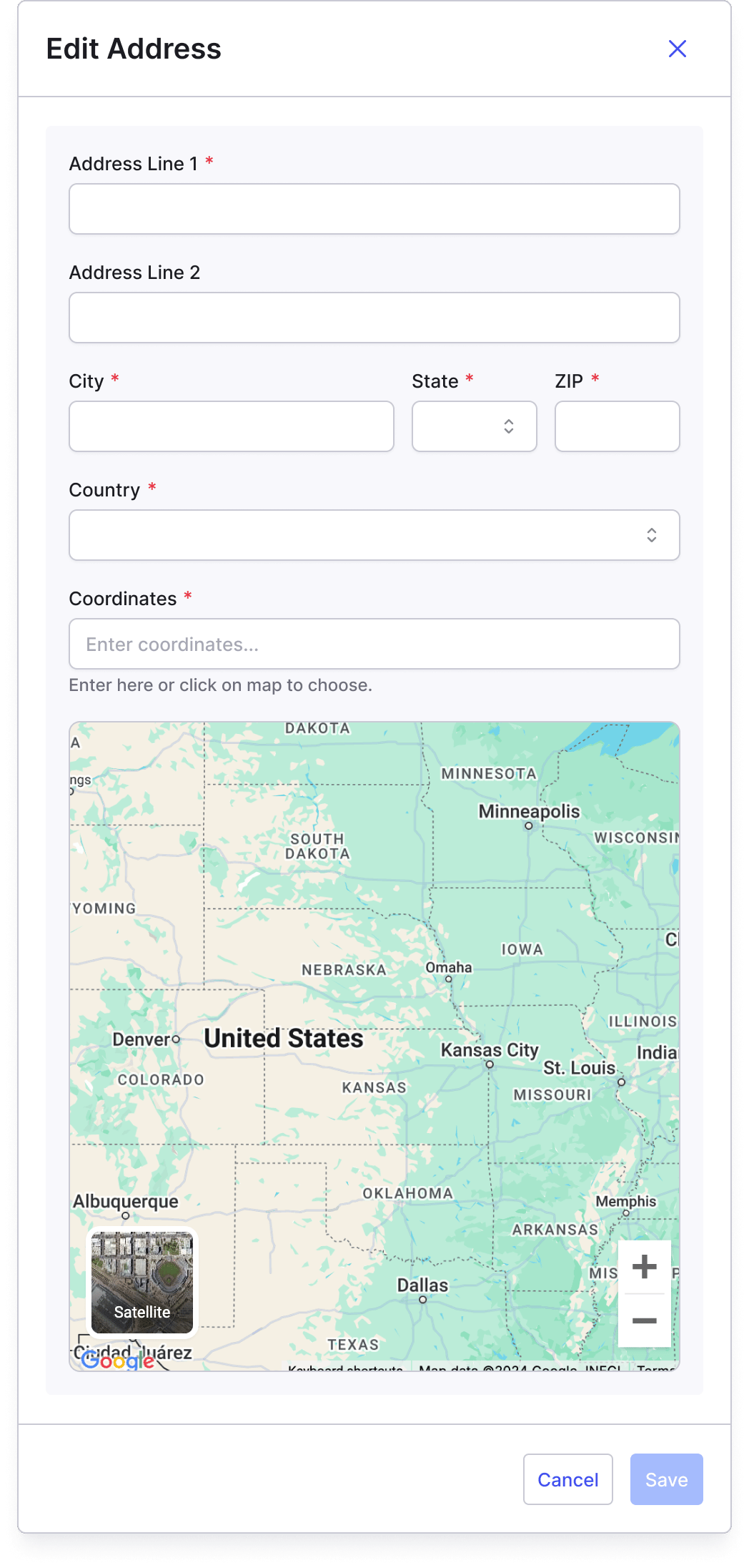 Address input form showing all entry options, including Google autocomplete, Address Line 2, and the map panel.