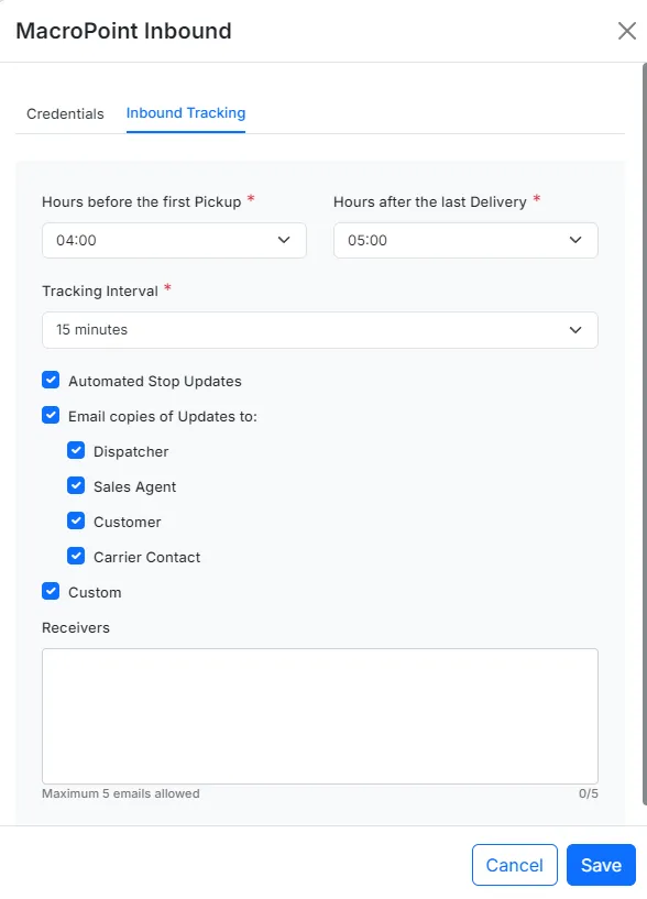 Image showing Macropoint Inbound form with Inbound visibility settings