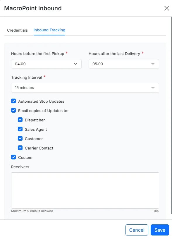 Image showing Macropoint Inbound form with Inbound visibility settings