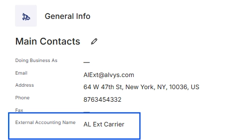 External Accounting Name field on a sample carrier profile.
