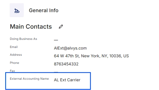 External Accounting Name field on a sample carrier profile.