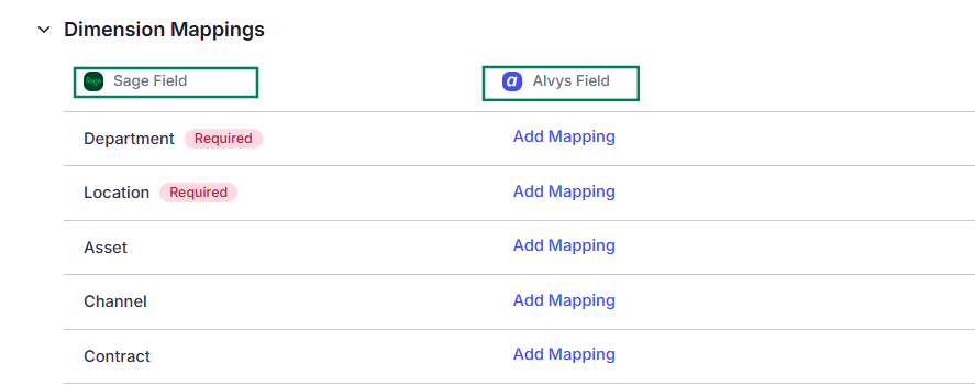 The Dimension Mappings table showing the Sage Field and Alvys Field columns with dropdown visible.