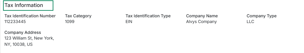 Shows the structured corporate Tax Information data section containing identification numbers, classification type, and the company address.