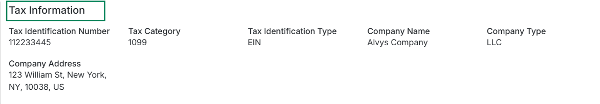 Shows the structured corporate Tax Information data section containing identification numbers, classification type, and the company address.