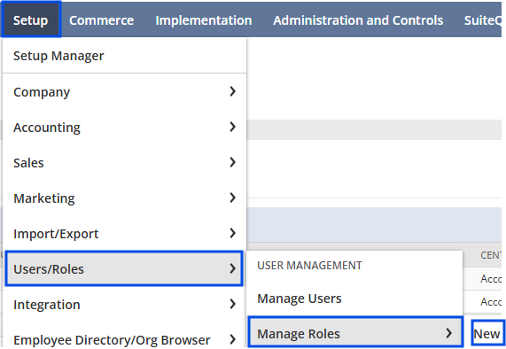 Creating a new role under Manage Roles