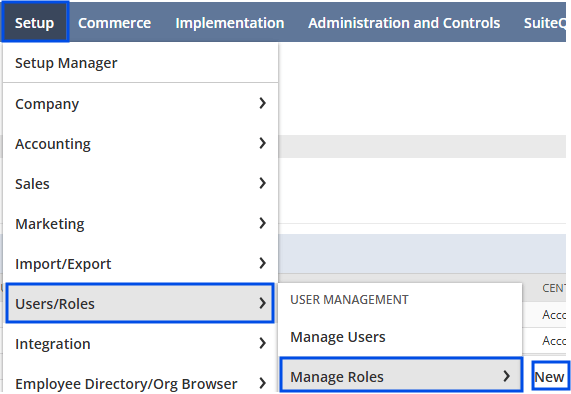 Creating a new role under Manage Roles