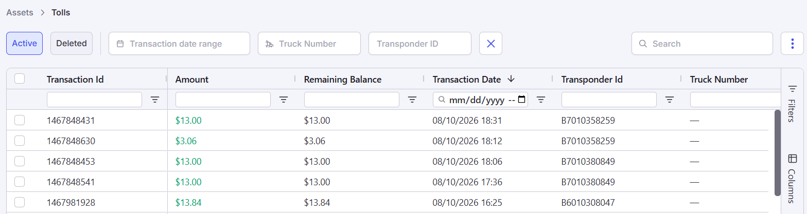 Screenshot showing the Alvys Toll Report.