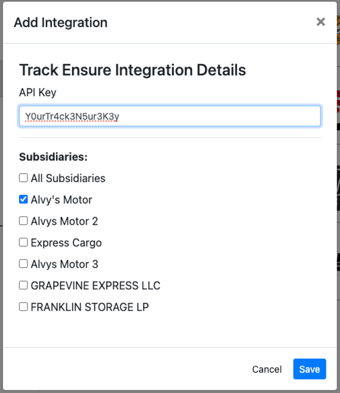 Integrations tab in Alvys showing the Trackensure section with the API key field and Save button.