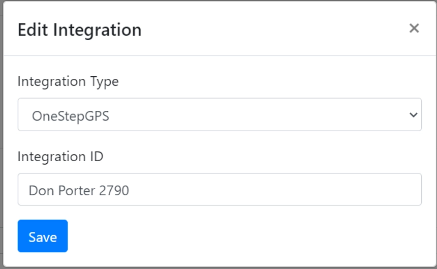 Asset profile ELD Integrations section with OneStepGPS selected in the provider dropdown and Integration ID field.