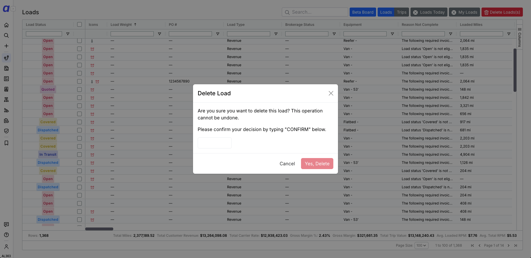 Delete Load confirmation modal