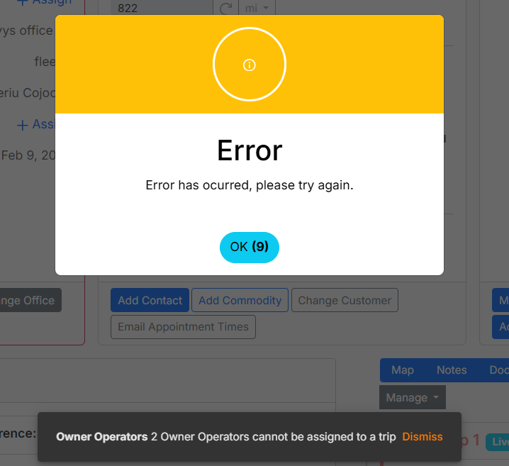Error dialog displaying the message '2 Owner Operators cannot be assigned to a trip'