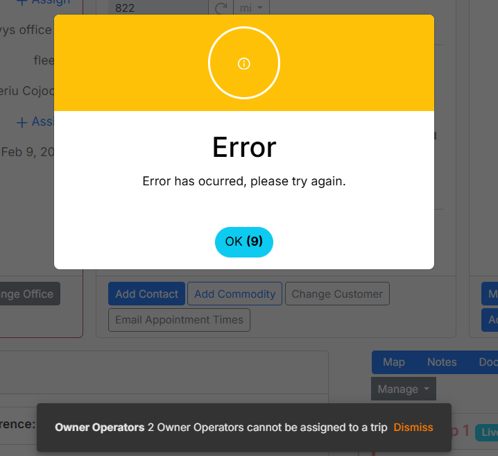 Error dialog displaying the message '2 Owner Operators cannot be assigned to a trip'