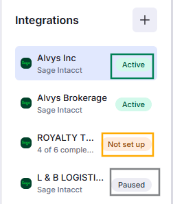 Displays the integration sidebar list tracking multiple connections categorized by statuses like Active, Not set up, and Paused.