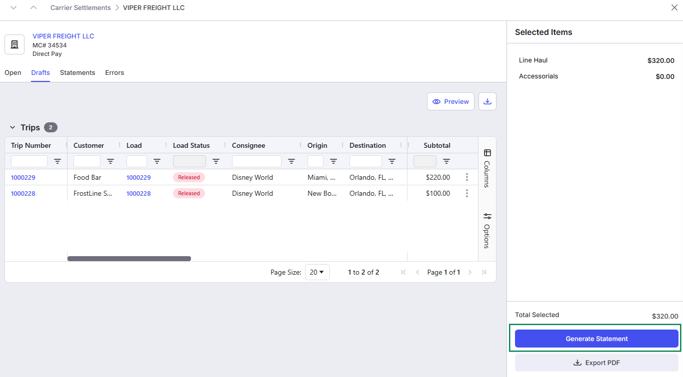 Displays the statement compilation panel for the carrier with a green frame focusing on the blue Generate Statement execution button.