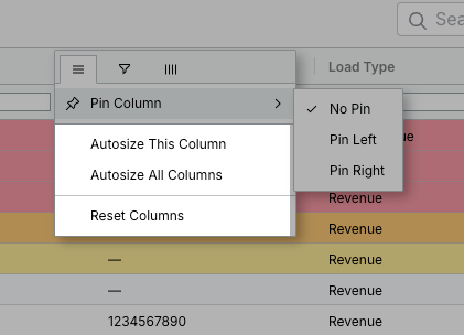 Autosize and Reset columns options in the column menu