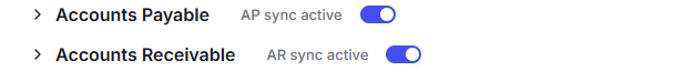 Shows the accounting integration toggles confirming that both AP sync and AR sync are active.