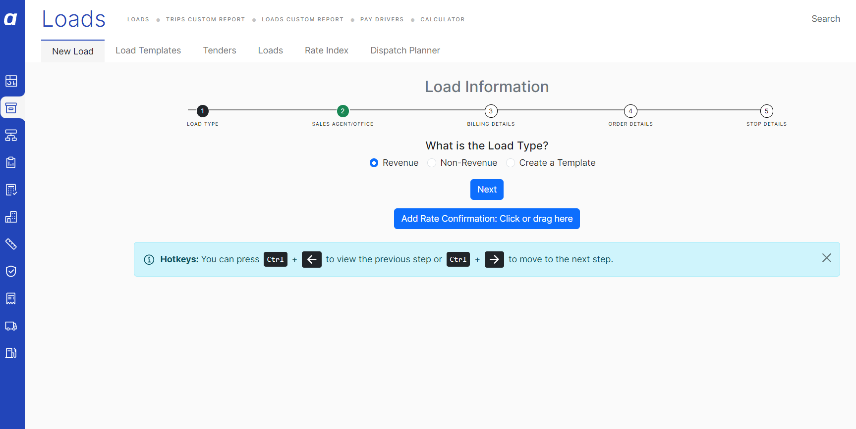 New Load form header showing the load entry parameters, including the Non-Revenue toggle