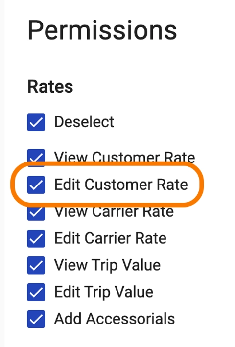 User profile - Edit Customer Rate permissions.