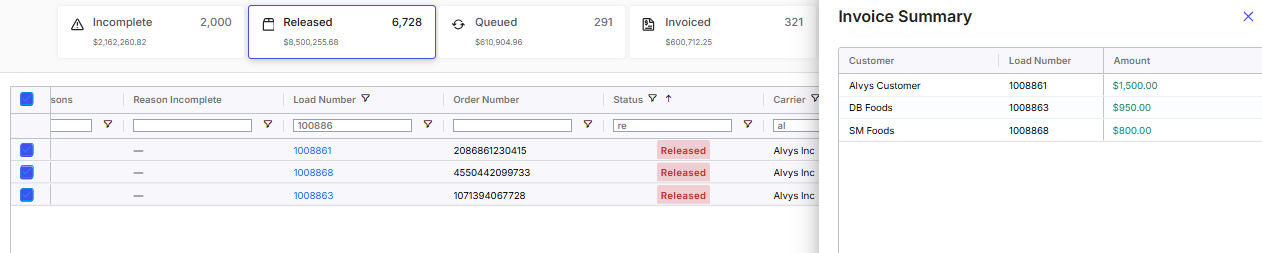Shows the 'Released' tab on the Invoicing page with an Invoice Summary panel that lists three selected customer accounts.
