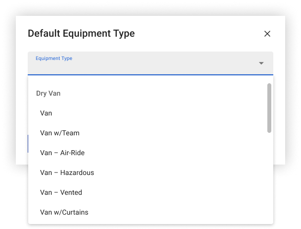 Screenshot showing the Default Equipment Type dropdown open with trailer type options