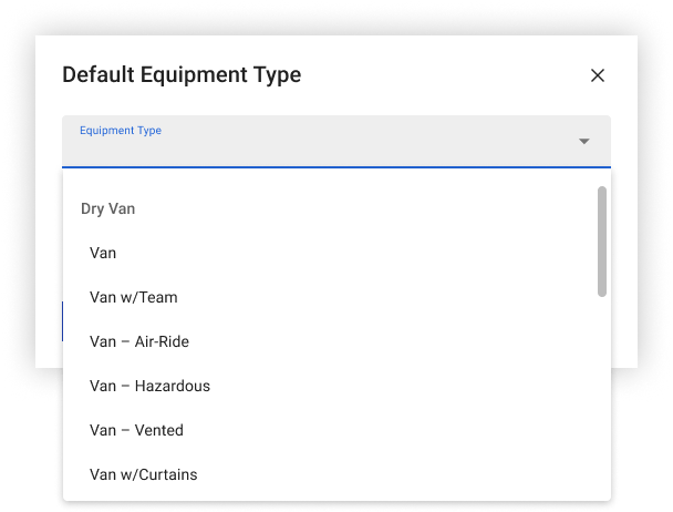 Screenshot showing the Default Equipment Type dropdown open with trailer type options
