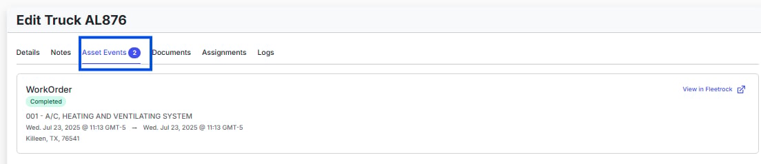 Image showing sample truck profile, “Asset Events” tab with Work Order details
