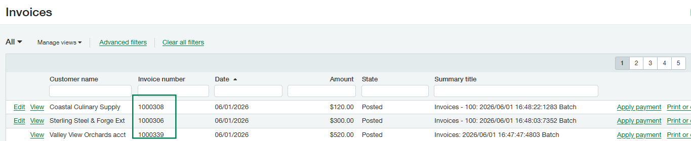 Features the main Invoices ledger table with a green outline framing the successfully generated invoice numbers.