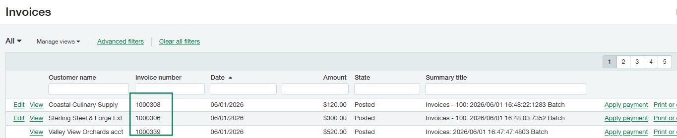 Features the main Invoices ledger table with a green outline framing the successfully generated invoice numbers.