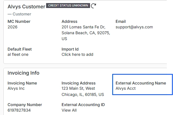 External Accounting Name field on customer profile.