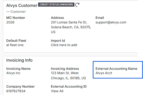External Accounting Name field on customer profile.