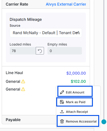 Image showing Alvys money box with accessorial options such as edit amount, mark as paid, and remove accessorial