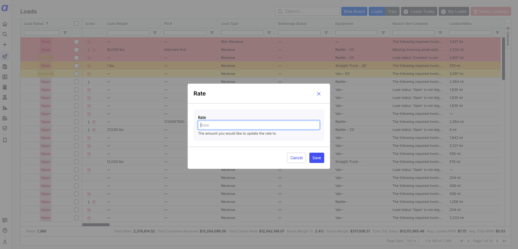 Update Rate modal