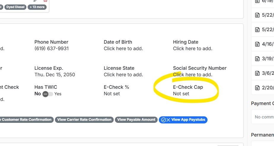Image of the driver profile showing the E-Check % and E-Check Cap fields.