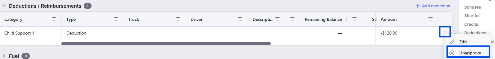 Screenshot showing the Revert Carrier Statement option